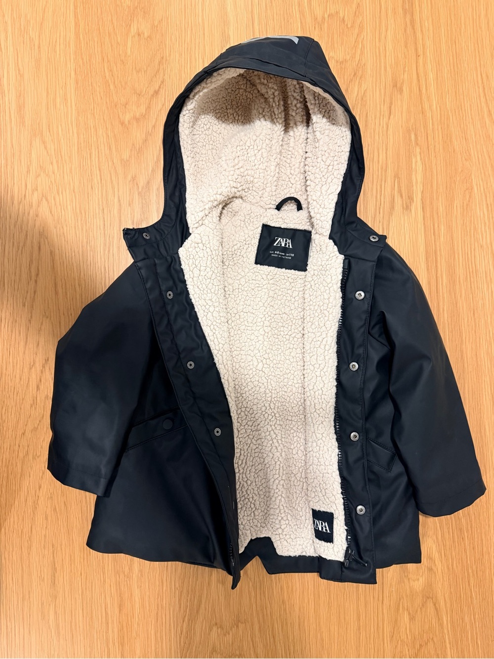 Zara Kids Black Hooded Raincoat with Cream Sherpa Lining